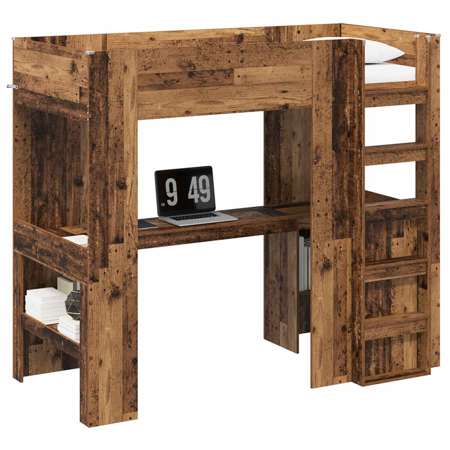Loft Bedframe met Bureau Oudhout 100 x 200 cm Bewerkt hout