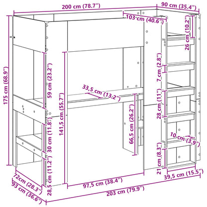 Loft Bedframe met Bureau Sonoma Eiken 90 x 200 cm Bewerkt hout