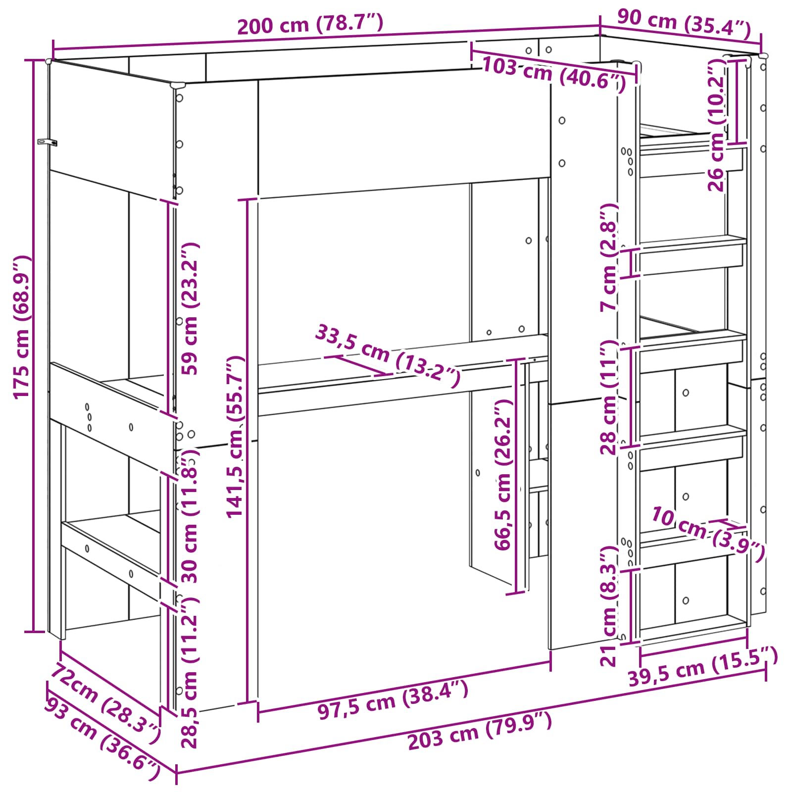Loft Bedframe met Bureau Oudhout 100 x 200 cm Bewerkt hout