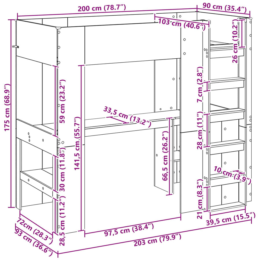 Loft Bedframe met Bureau Oudhout 100 x 200 cm Bewerkt hout