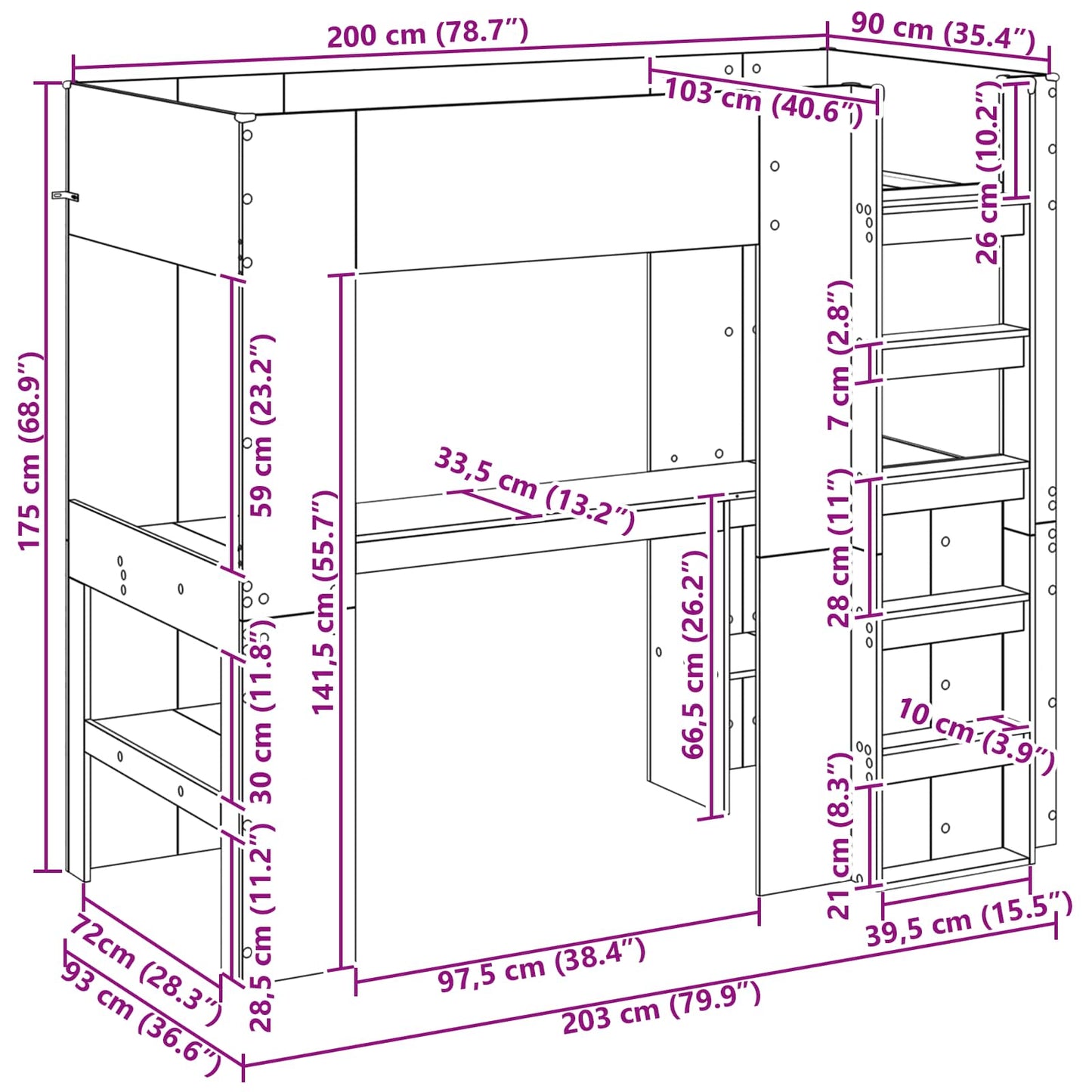 Loft Bedframe met Bureau met opslag Artisan Eiken 100 x 200 cm