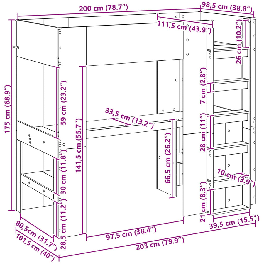 Loft Bedframe met Bureau met opslag Bewerkt hout