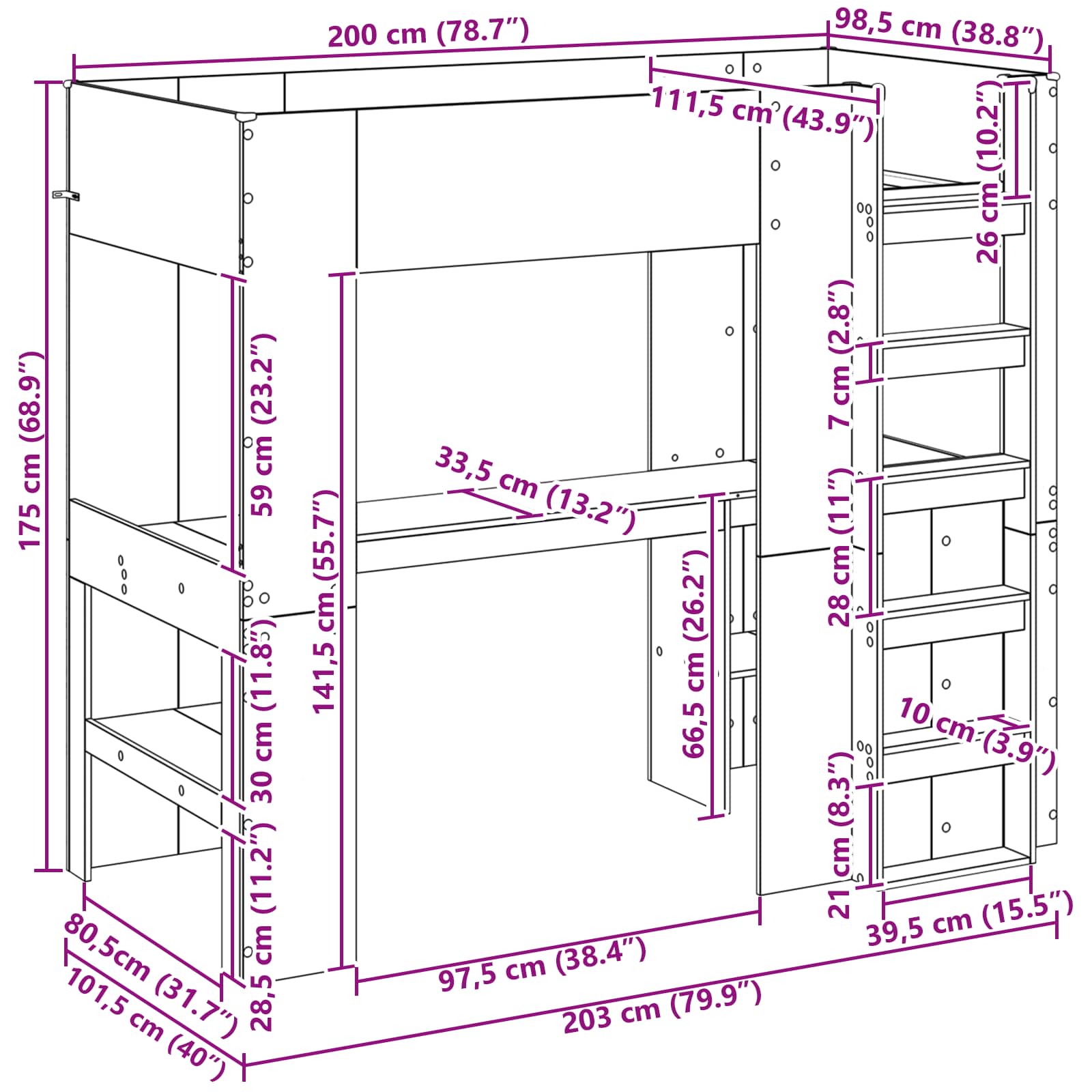Loft Bedframe met Bureau Grijs Sonoma 100 x 200 cm Bewerkt hout