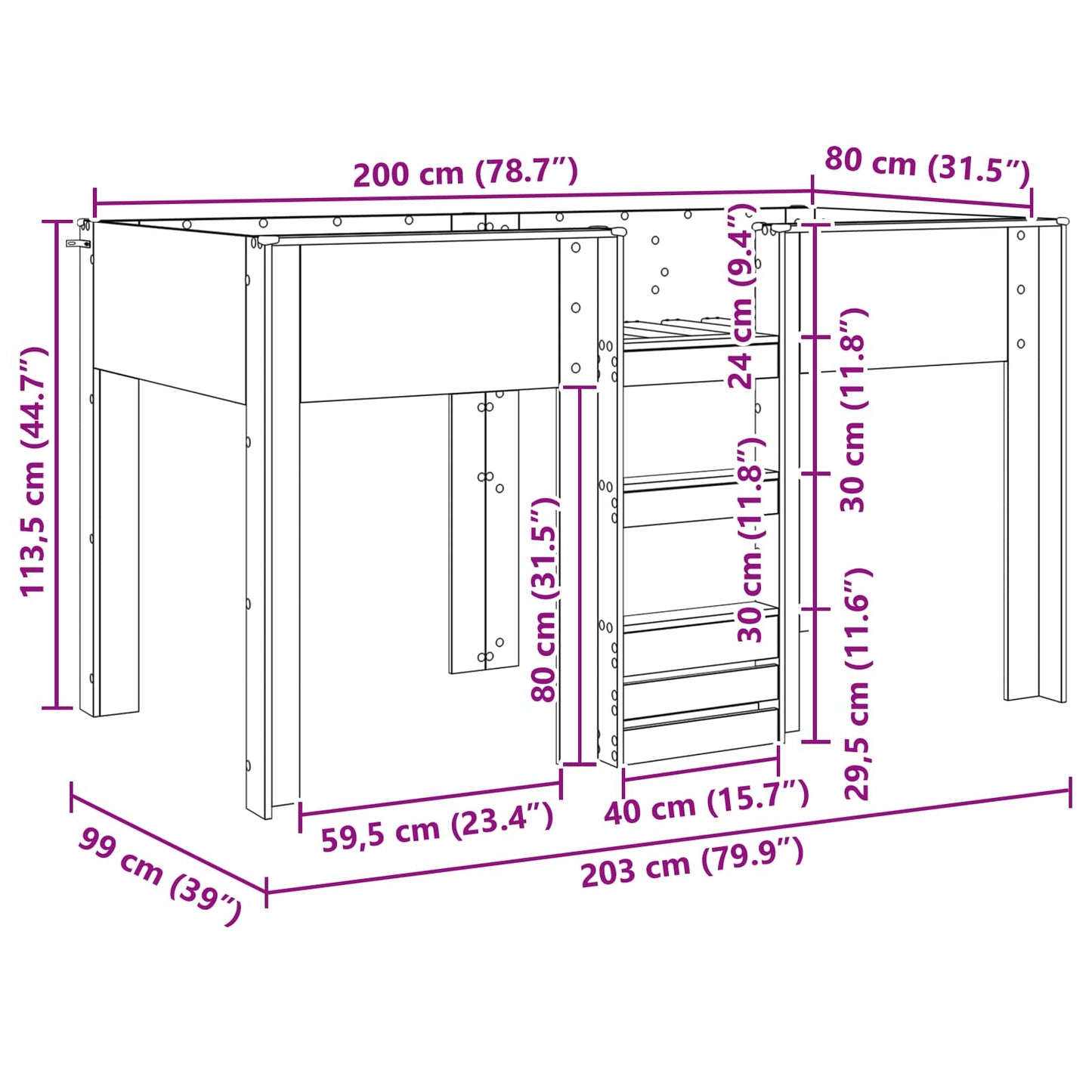 Bunk Bed voor Kinderen met opslag Wit 80 x 200 cm Bewerkt hout