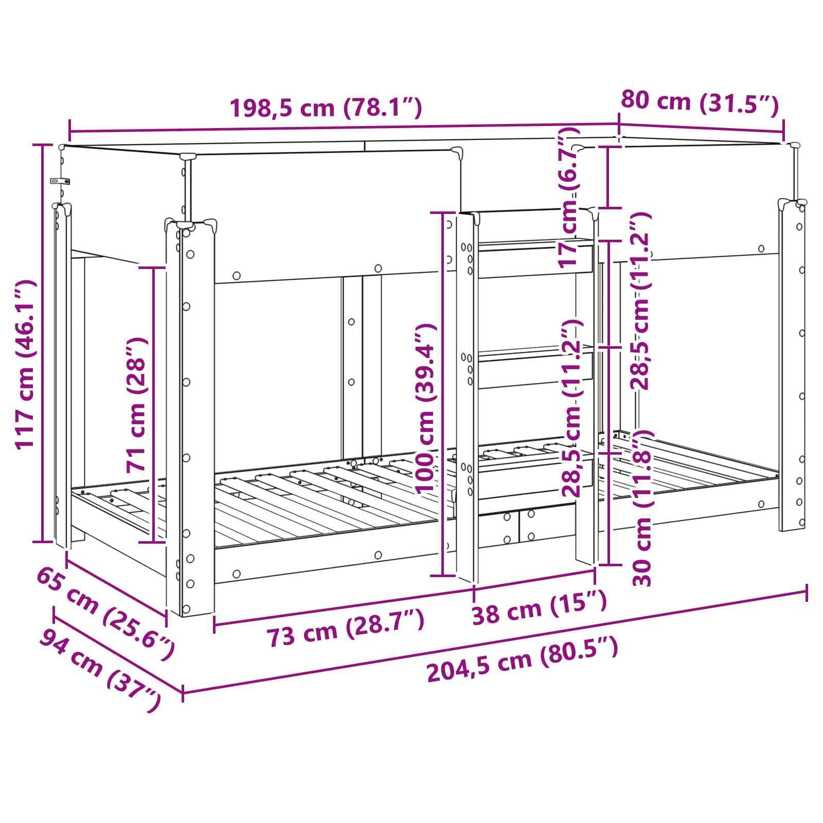 Bunk Bed voor Kinderen Oudhout 90 x 200 cm Bewerkt hout