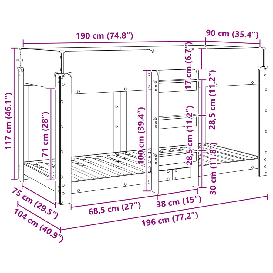 Bunk Bed voor Kinderen Gerookt eiken 100 x 190 cm Bewerkt hout