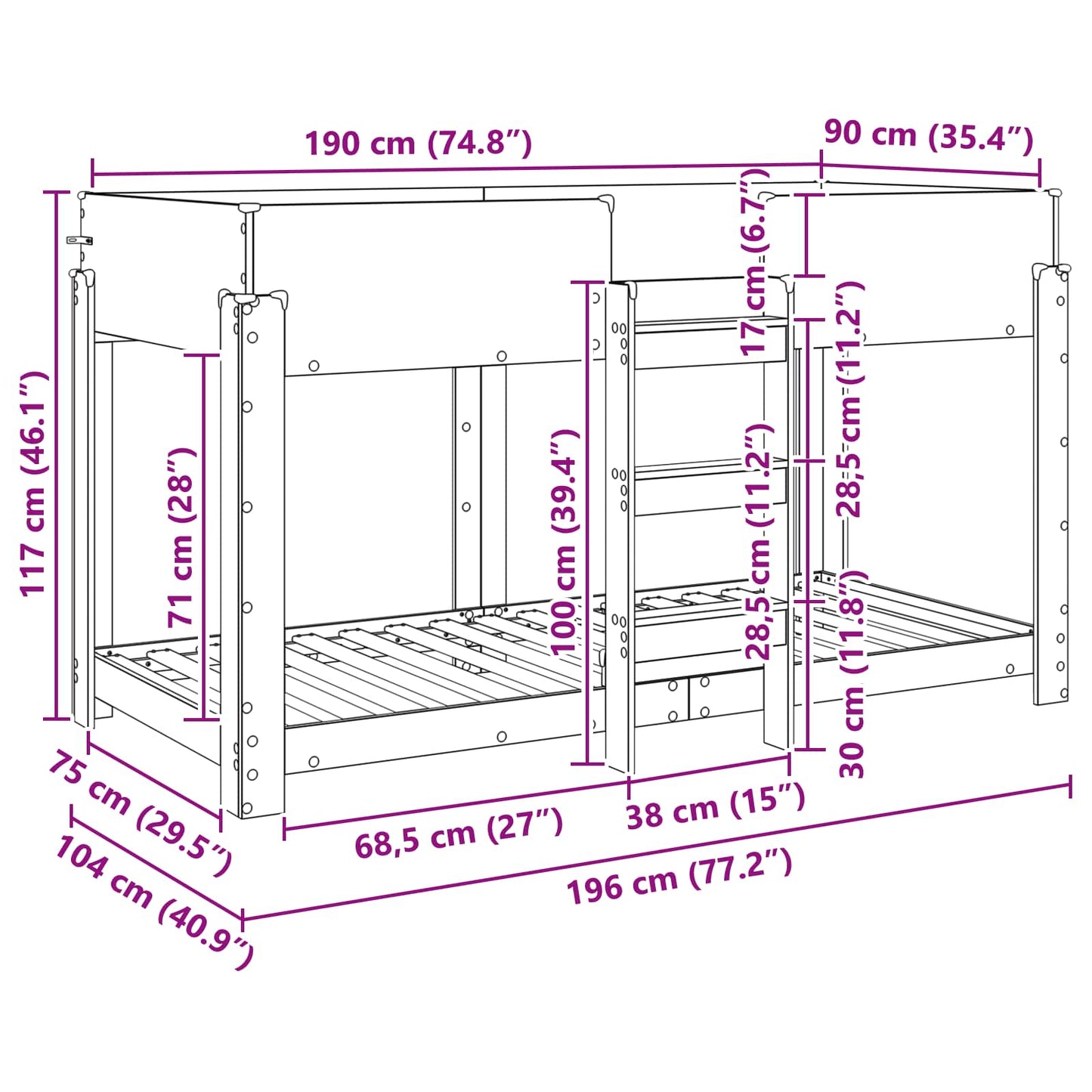 Bunk Bed voor Kinderen Grijs Sonoma 100 x 190 cm Bewerkt hout