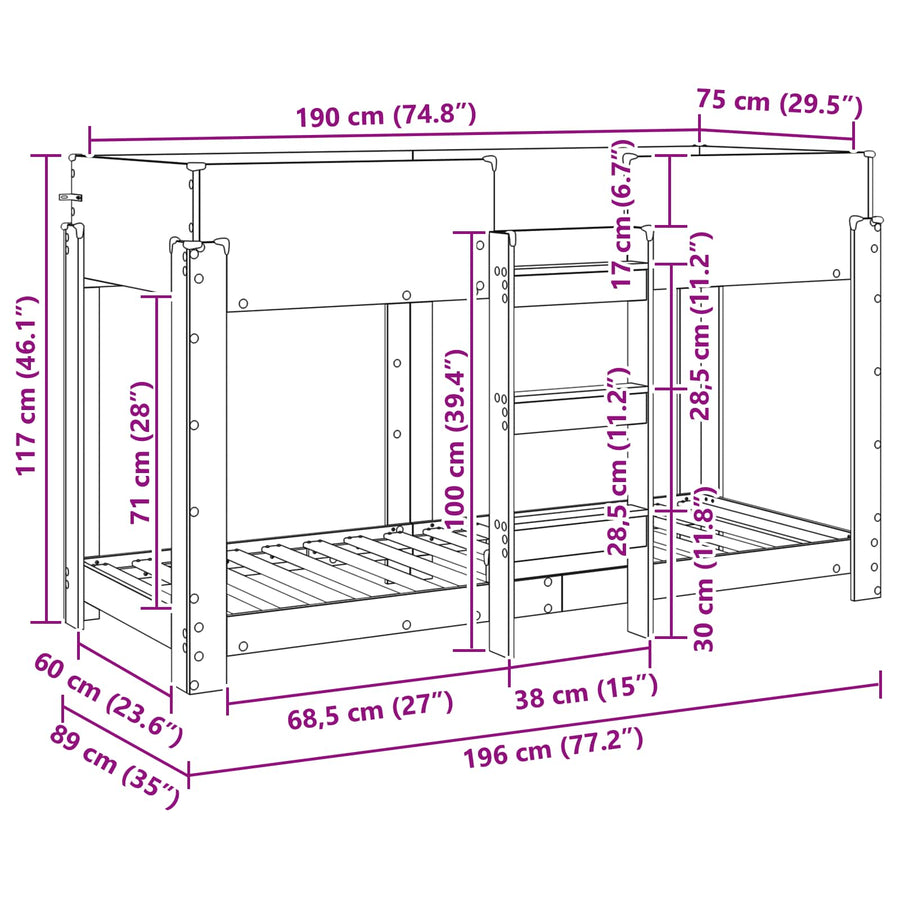 Bunk Bed voor Kinderen Gerookt eiken 80 x 190 cm Bewerkt hout