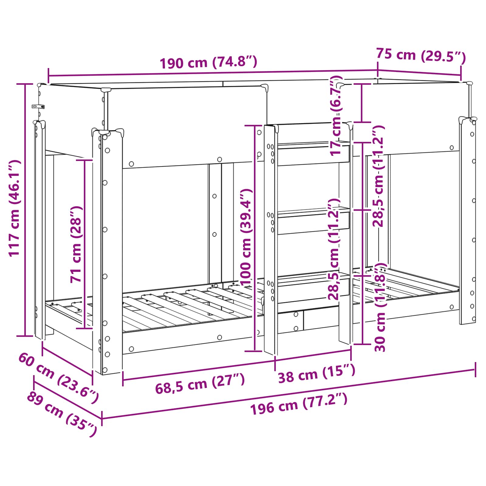 Bunk Bed voor Kinderen Oudhout 80 x 190 cm Bewerkt hout