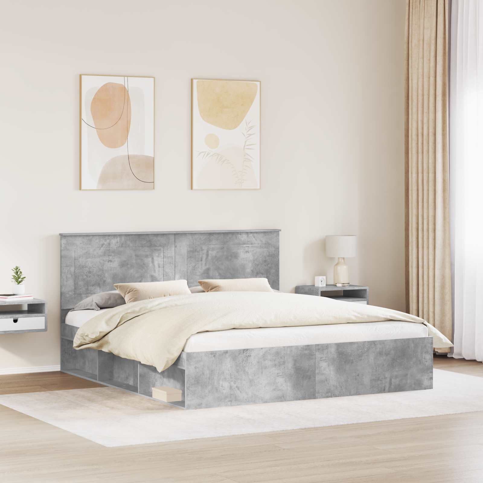 Bedframe met hoofdeinde Beton 200 x 200 cm Massief grenenhout