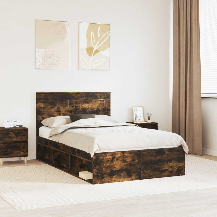Bedframe met lade Gerookt eiken 120 x 190 cm Massief grenenhout
