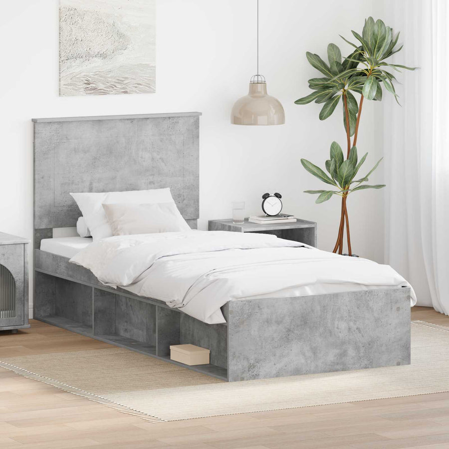 Bedframe Met Hoofdeinde Beton Massief Grenenhout Betongrijs 90 x 200 cm