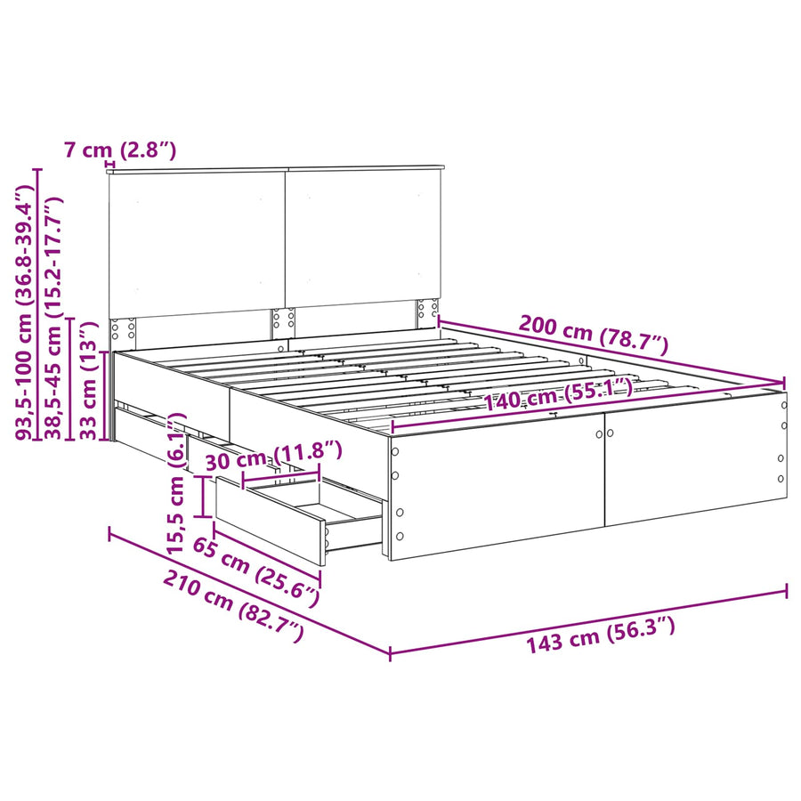 Bedframe met lade Grijs Sonoma 140 x 200 cm Ingenieurshout