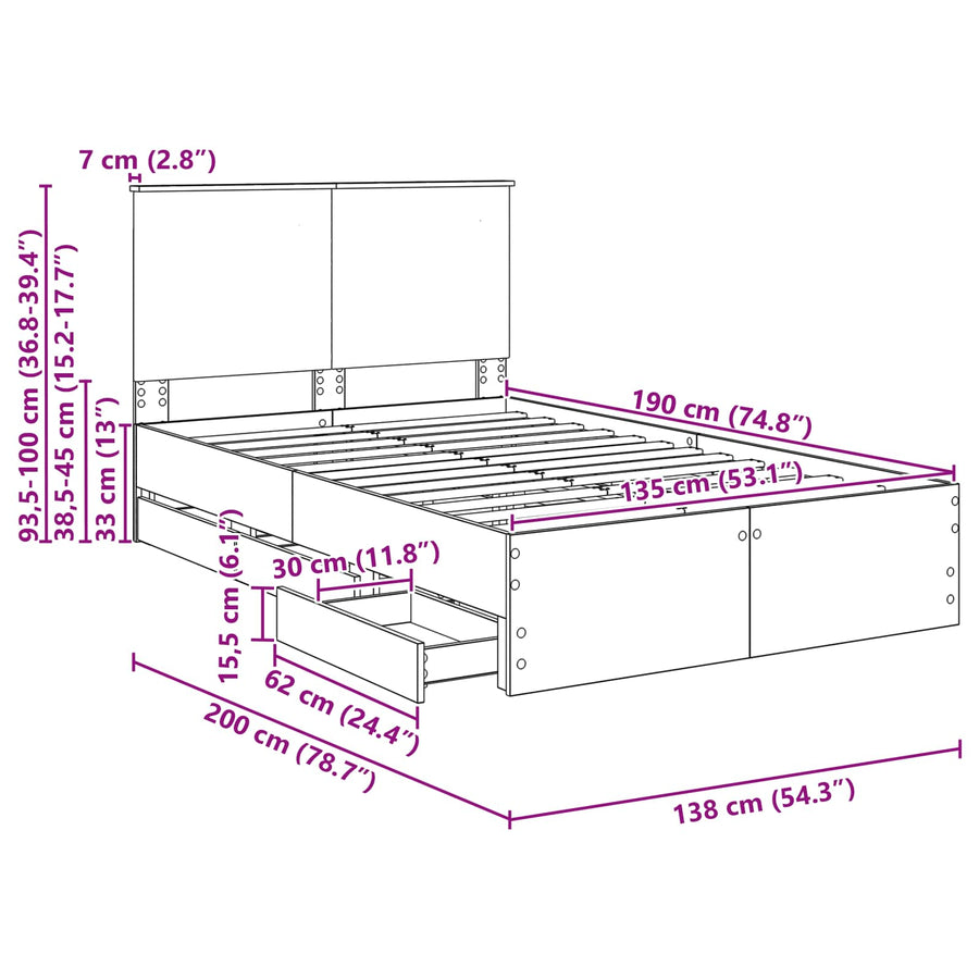 Bedframe met lade Gerookt eiken 135 x 190 cm Ingenieurshout