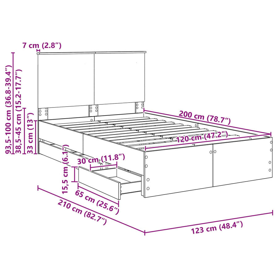 Bedframe met lade Gerookt eiken 120 x 200 cm Ingenieurshout