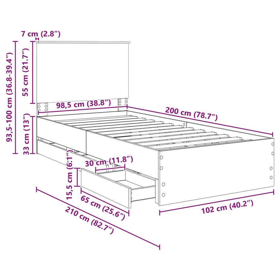 Bedframe met lade Sonoma Eiken 100 x 200 cm Ingenieurshout