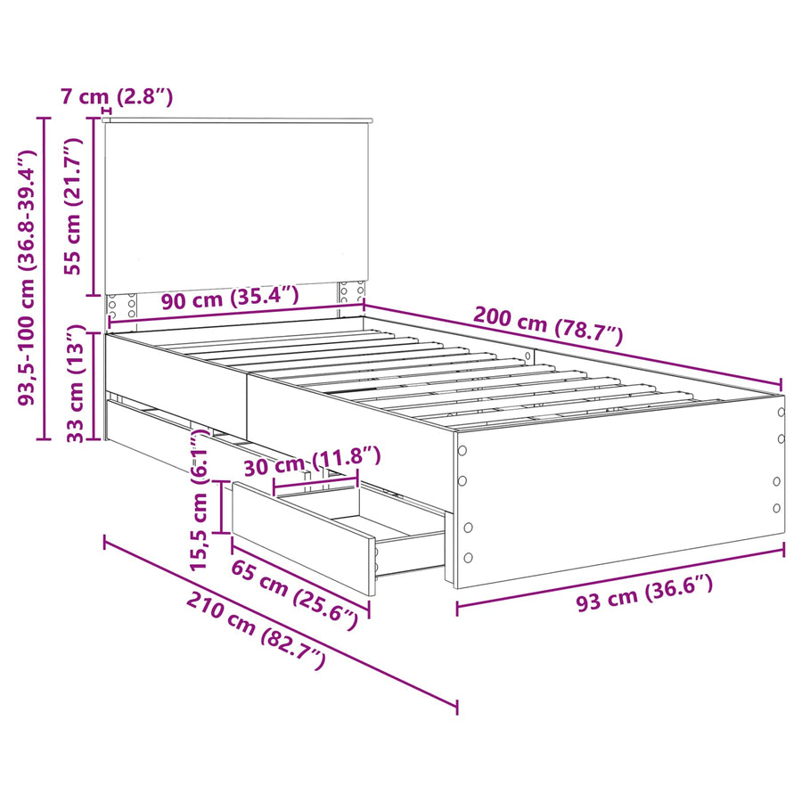 Bedframe met lade Gerookt eiken 90 x 200 cm Ingenieurshout