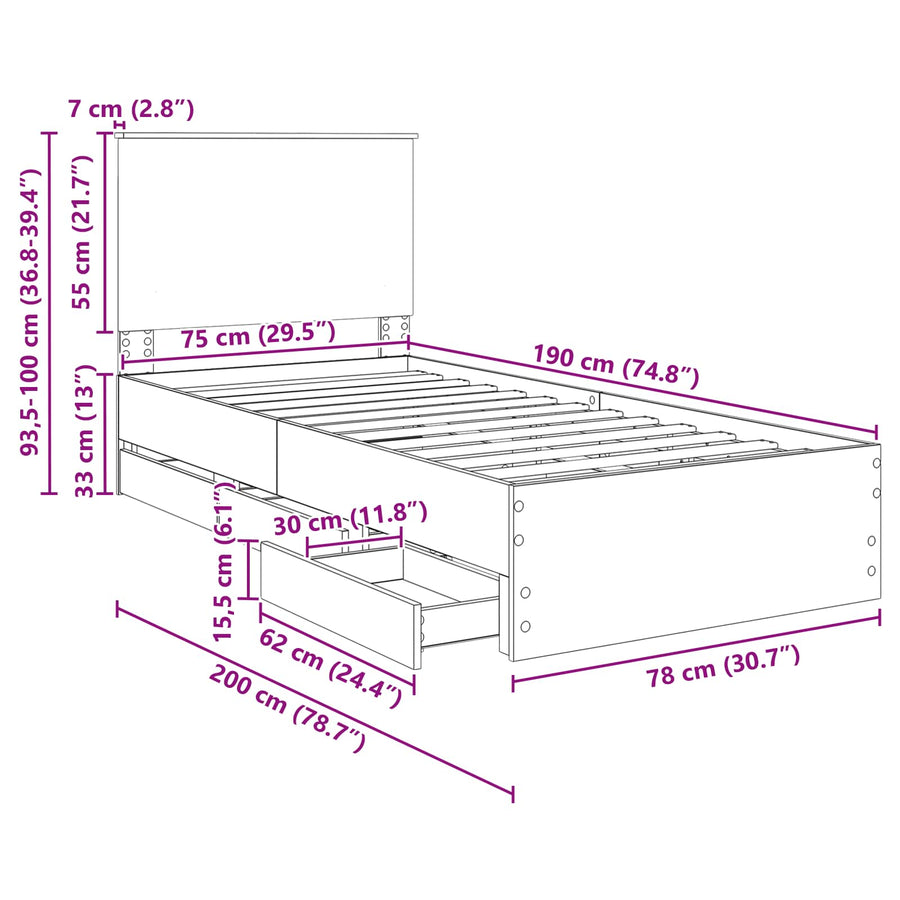 Bedframe met lade Beton Grijs 75 x 190 cm Ingenieurshout