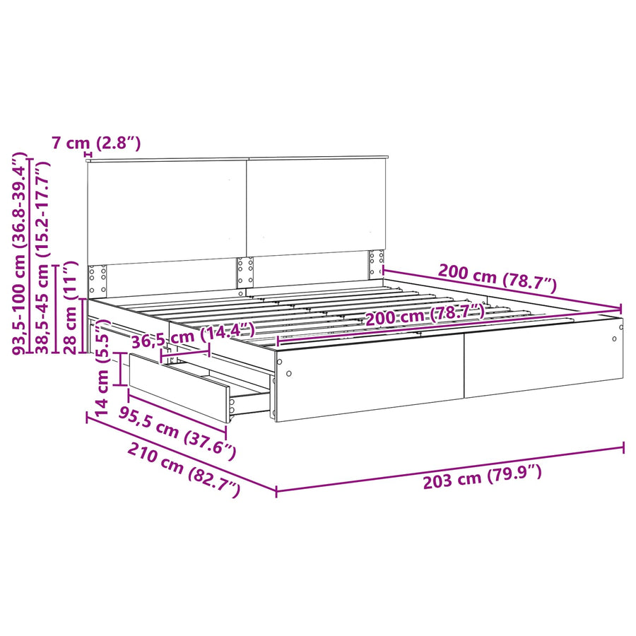 Bedframe met lade Beton Grijs 200 x 200 cm Bewerkt hout