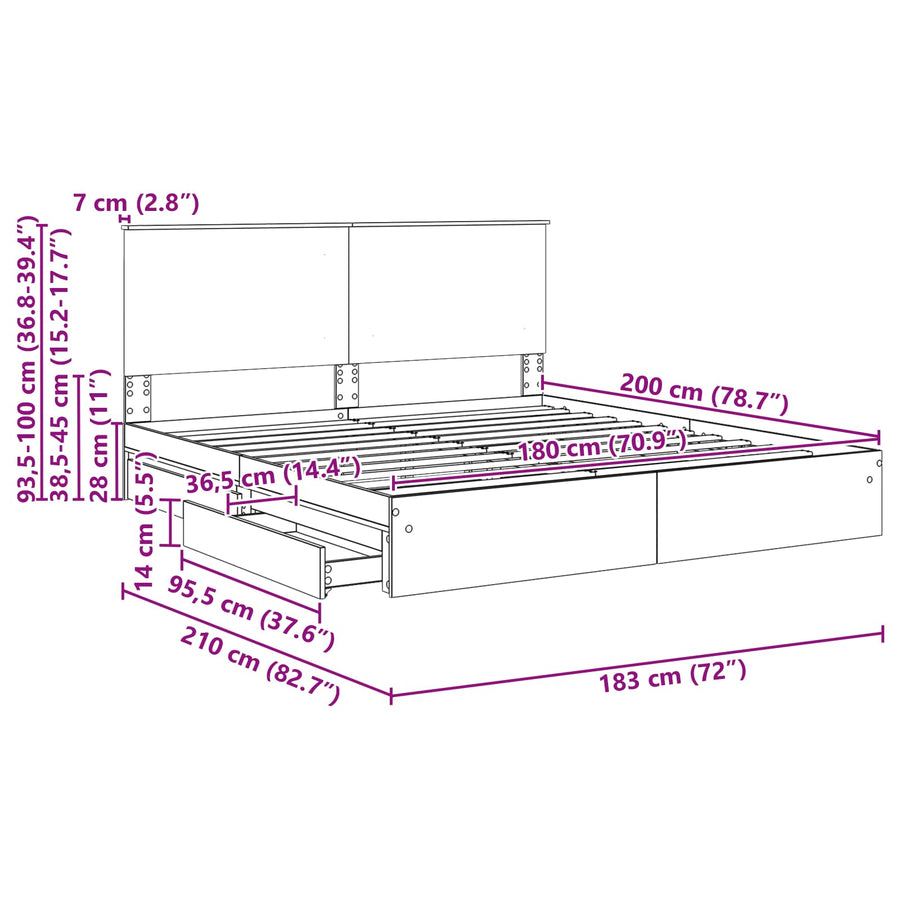 Bedframe met lade Grijs Sonoma 180 x 200 cm Bewerkt hout