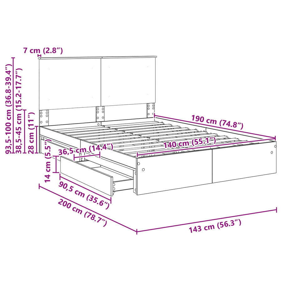 Opslag bed met hoofdeinde Wit 140 x 190 cm Bewerkt hout