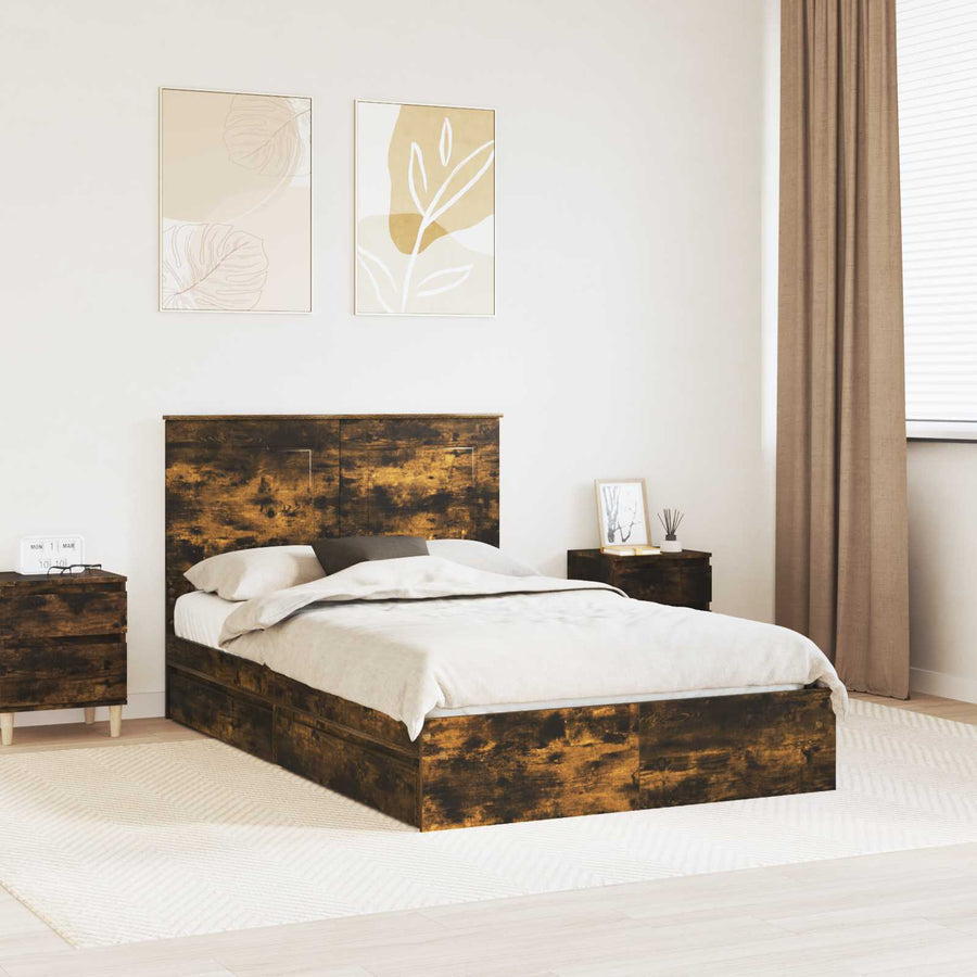Bedframe met lade Gerookt eiken 135 x 190 cm Bewerkt hout