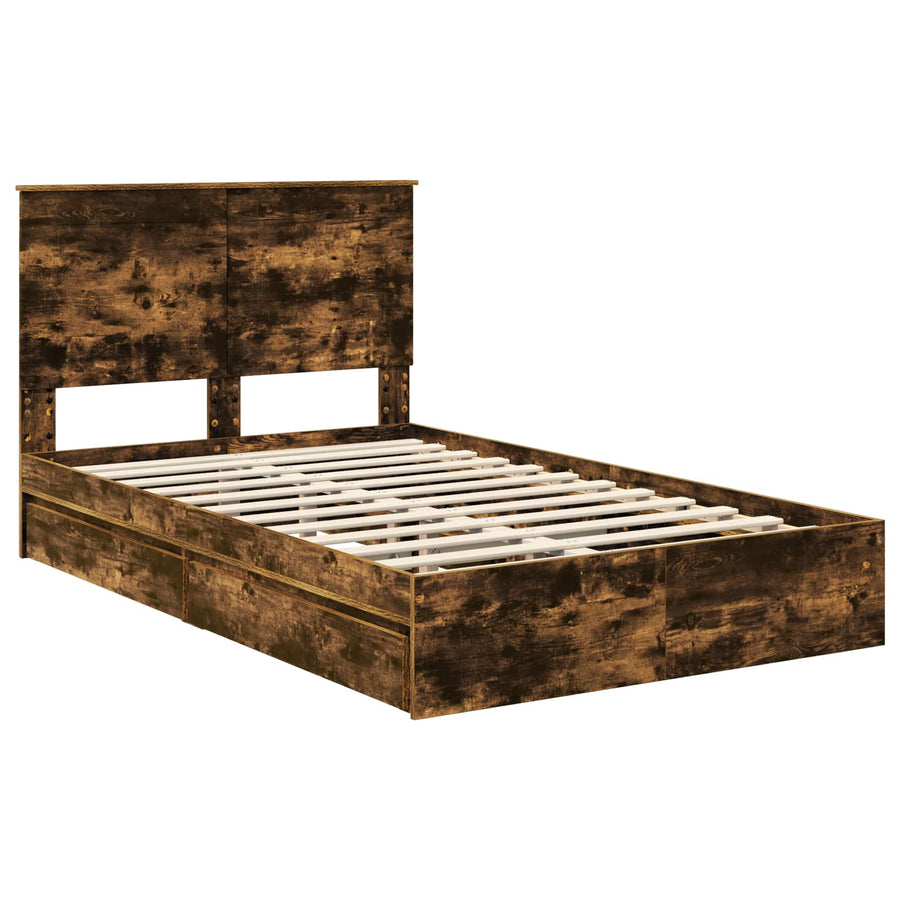 Bedframe met lade Gerookt eiken 135 x 190 cm Bewerkt hout