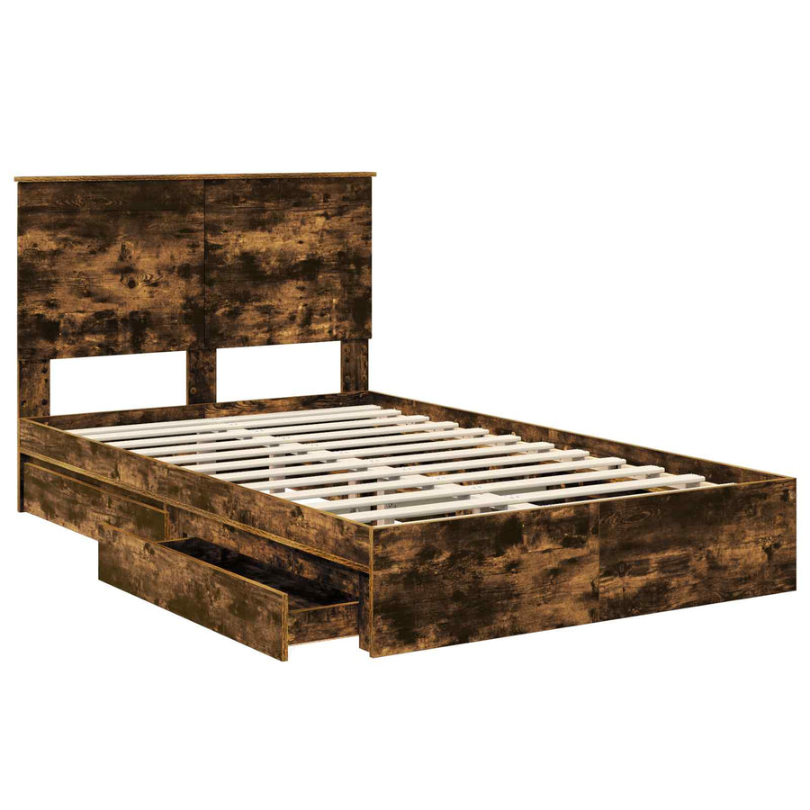 Bedframe met lade Gerookt eiken 135 x 190 cm Bewerkt hout