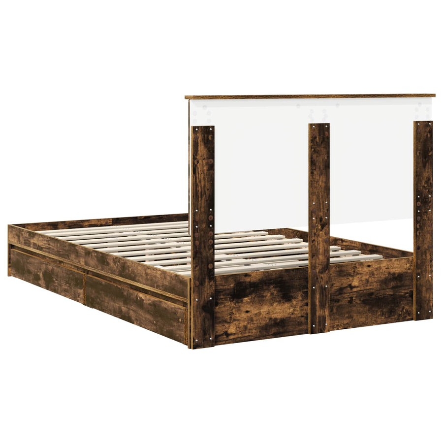 Bedframe met lade Gerookt eiken 135 x 190 cm Bewerkt hout