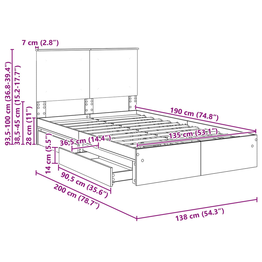 Bedframe met lade Gerookt eiken 135 x 190 cm Bewerkt hout