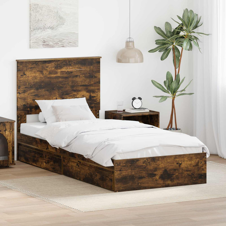 Bedframe met lade Gerookt eiken 100 x 200 cm Bewerkt hout