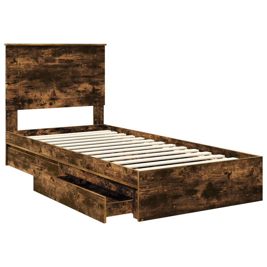 Bedframe met lade Gerookt eiken 100 x 200 cm Bewerkt hout