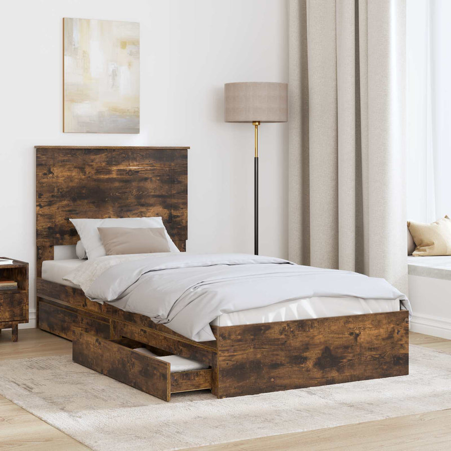 Bedframe met lade Gerookt eiken 90 x 190 cm Bewerkt hout