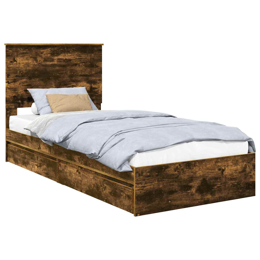 Bedframe met lade Gerookt eiken 90 x 190 cm Bewerkt hout