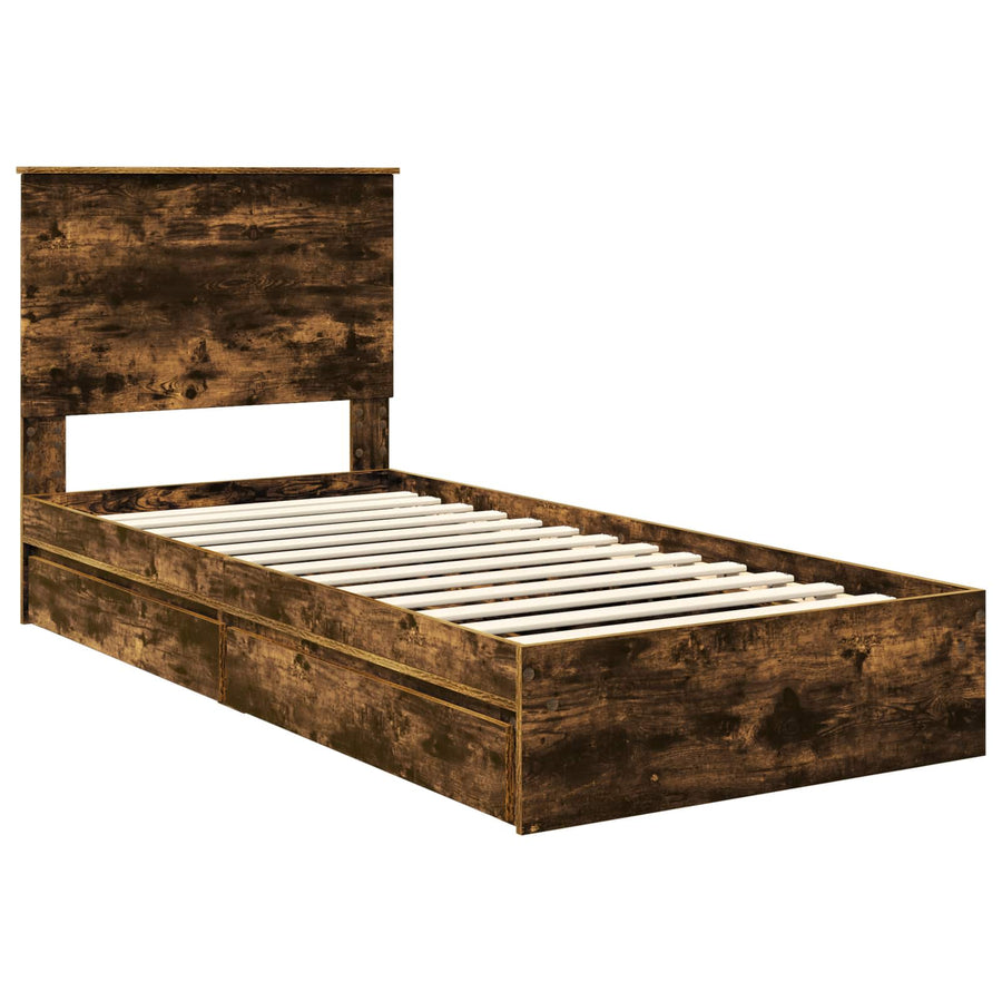 Bedframe met lade Gerookt eiken 90 x 190 cm Bewerkt hout