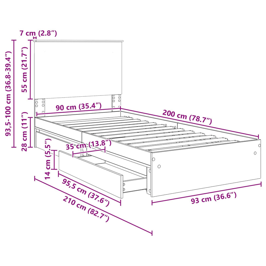 Bedframe met lade Sonoma Eiken 90 x 200 cm Bewerkt hout
