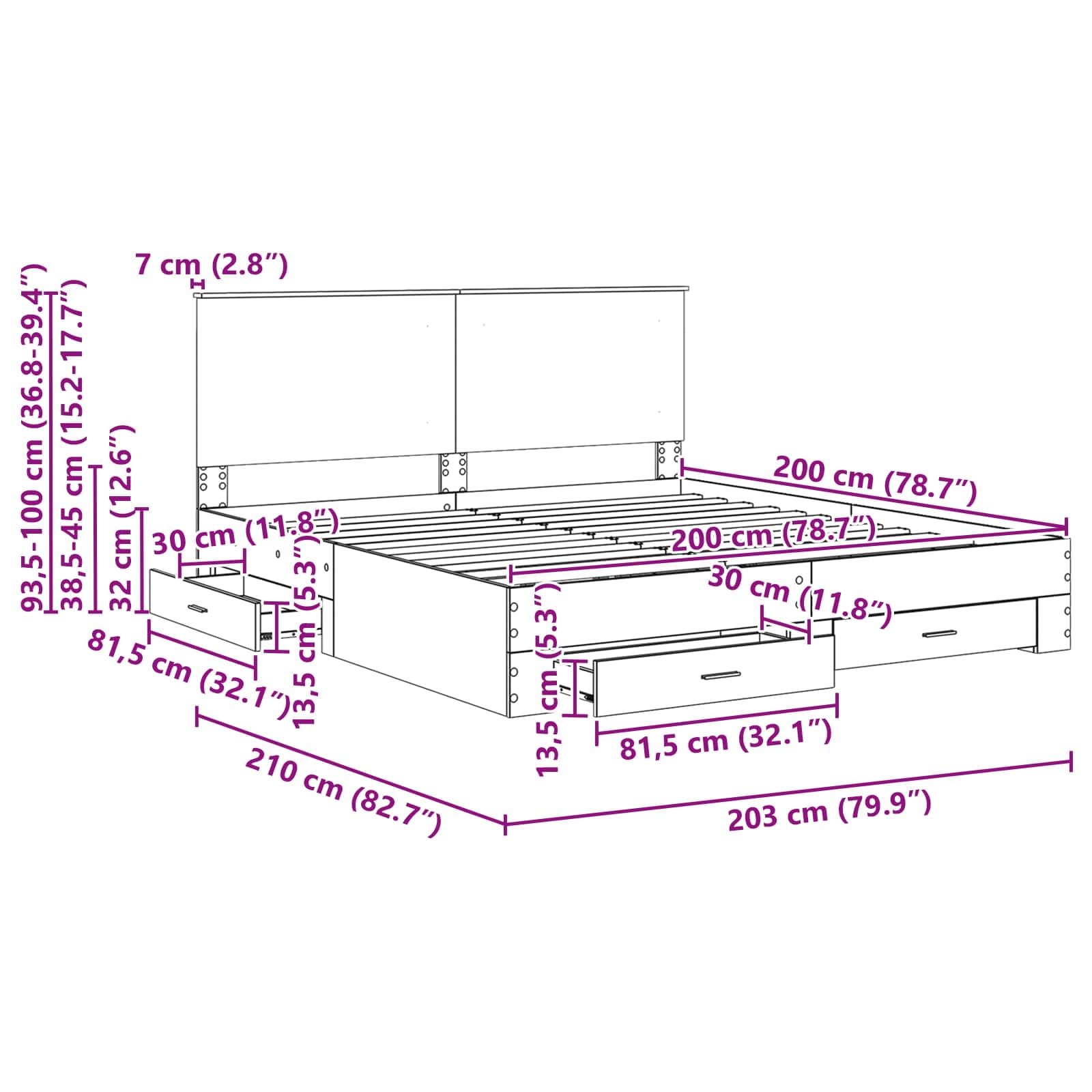 Bedframe met hoofdeinde met lade Wit 200 x 200 cm Bewerkt hout