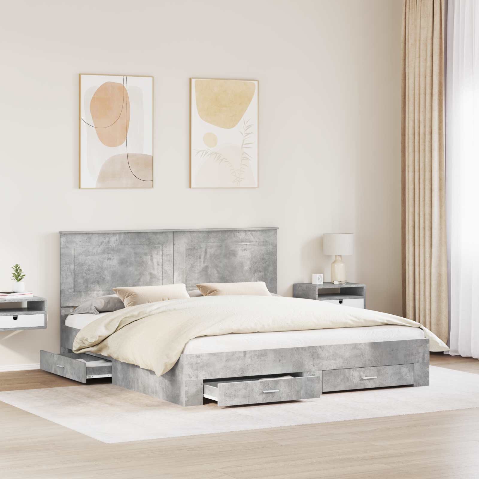 Bedframe met hoofdeinde Beton Grijs 200 x 200 cm Bewerkt hout