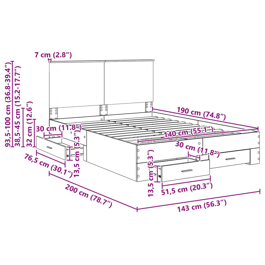Bedframe met hoofdeinde Gerookt eiken 140 x 190 cm Bewerkt hout