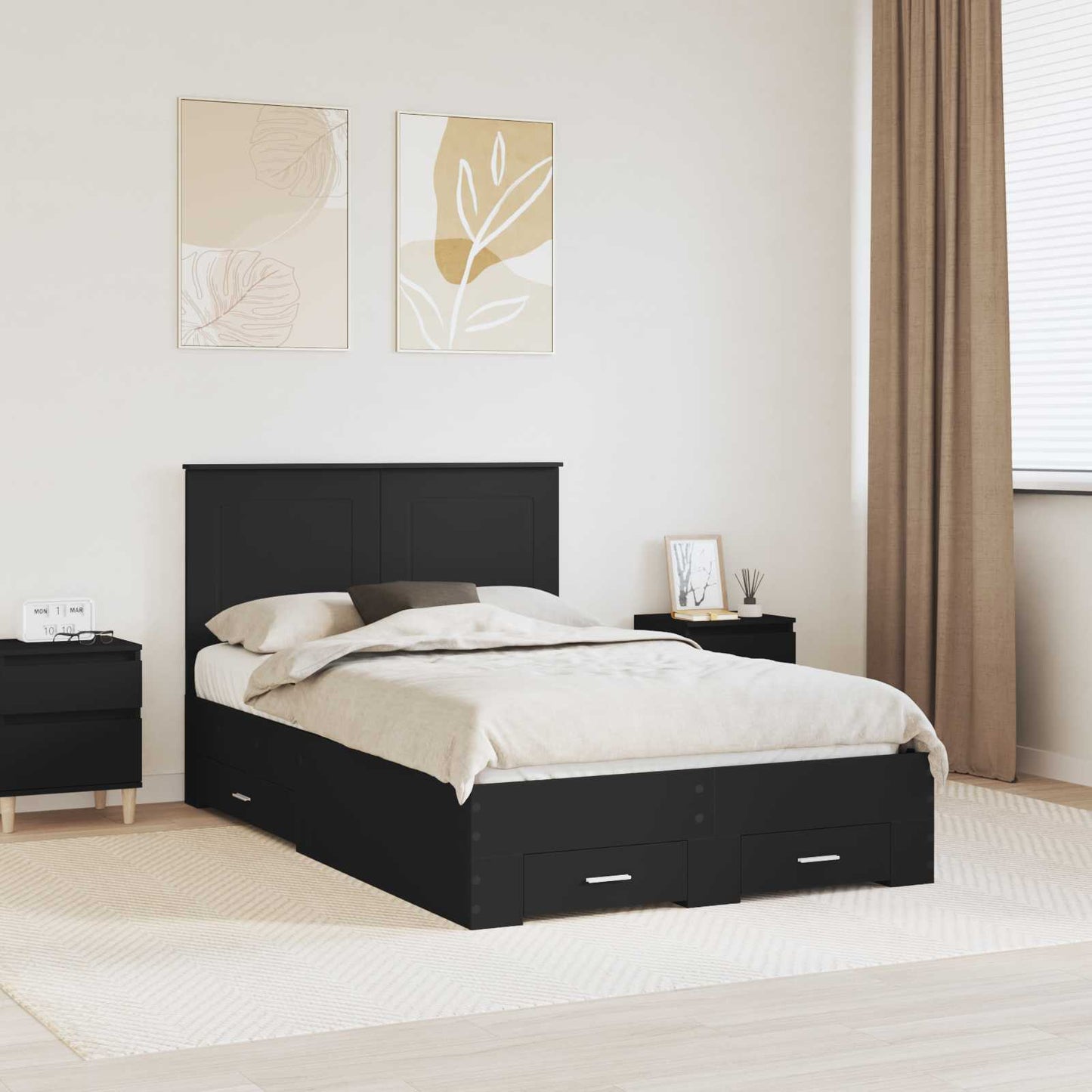 Bedframe met hoofdeinde Zwart 135 x 190 cm Bewerkt hout