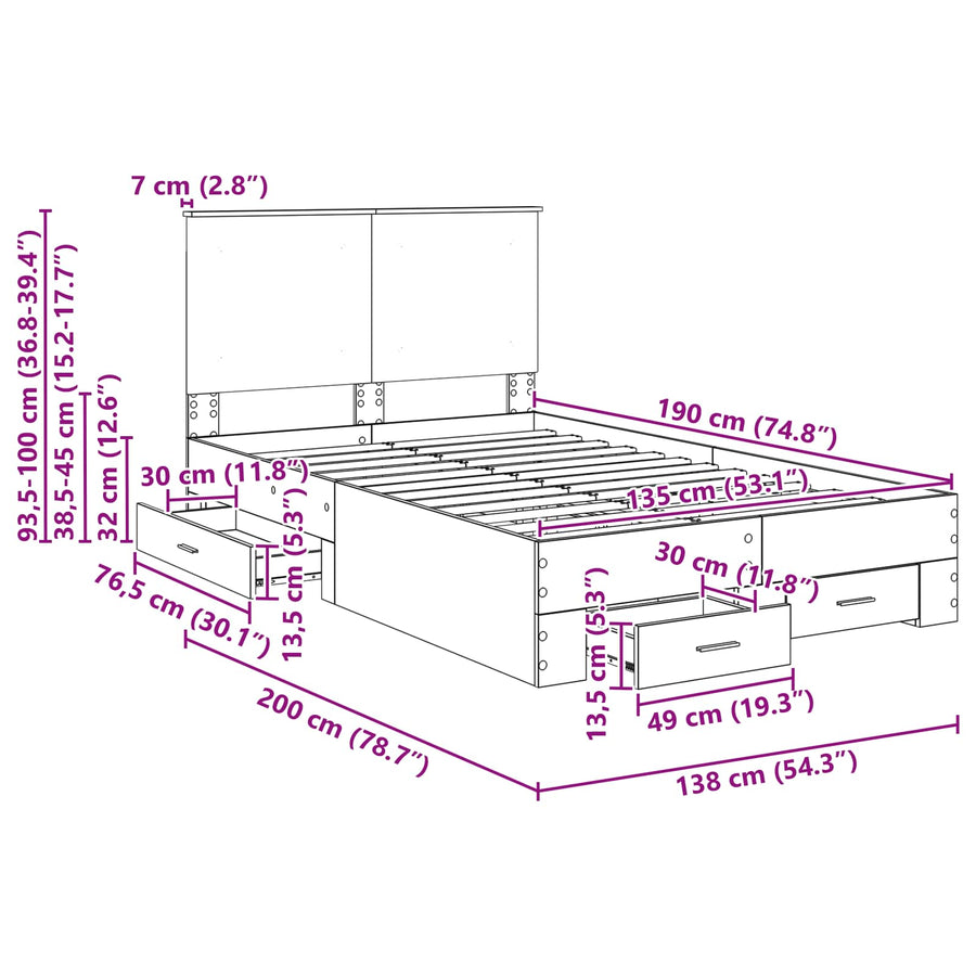 Bedframe met hoofdeinde Zwart 135 x 190 cm Bewerkt hout