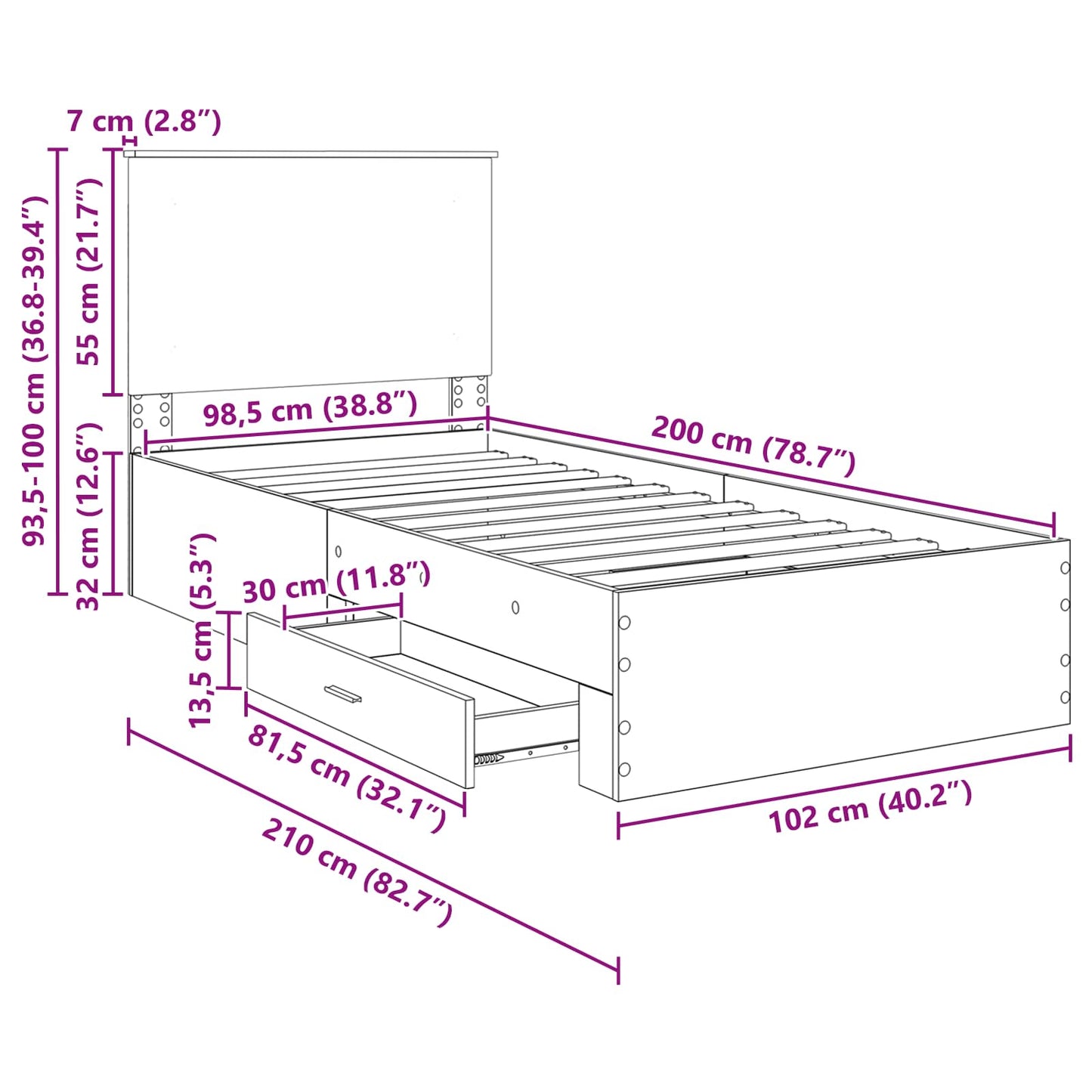 Bedframe met hoofdeinde met lade Wit 100 x 200 cm Bewerkt hout