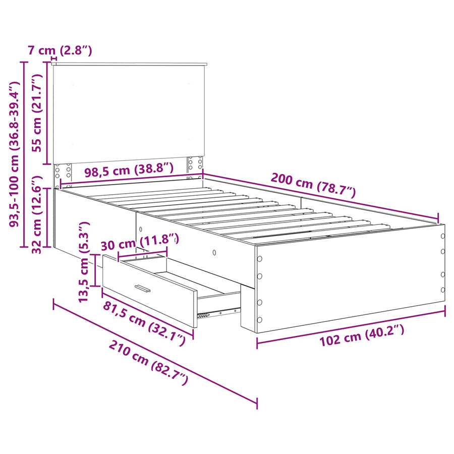Bedframe met hoofdeinde Grijs Sonoma 100 x 200 cm Bewerkt hout