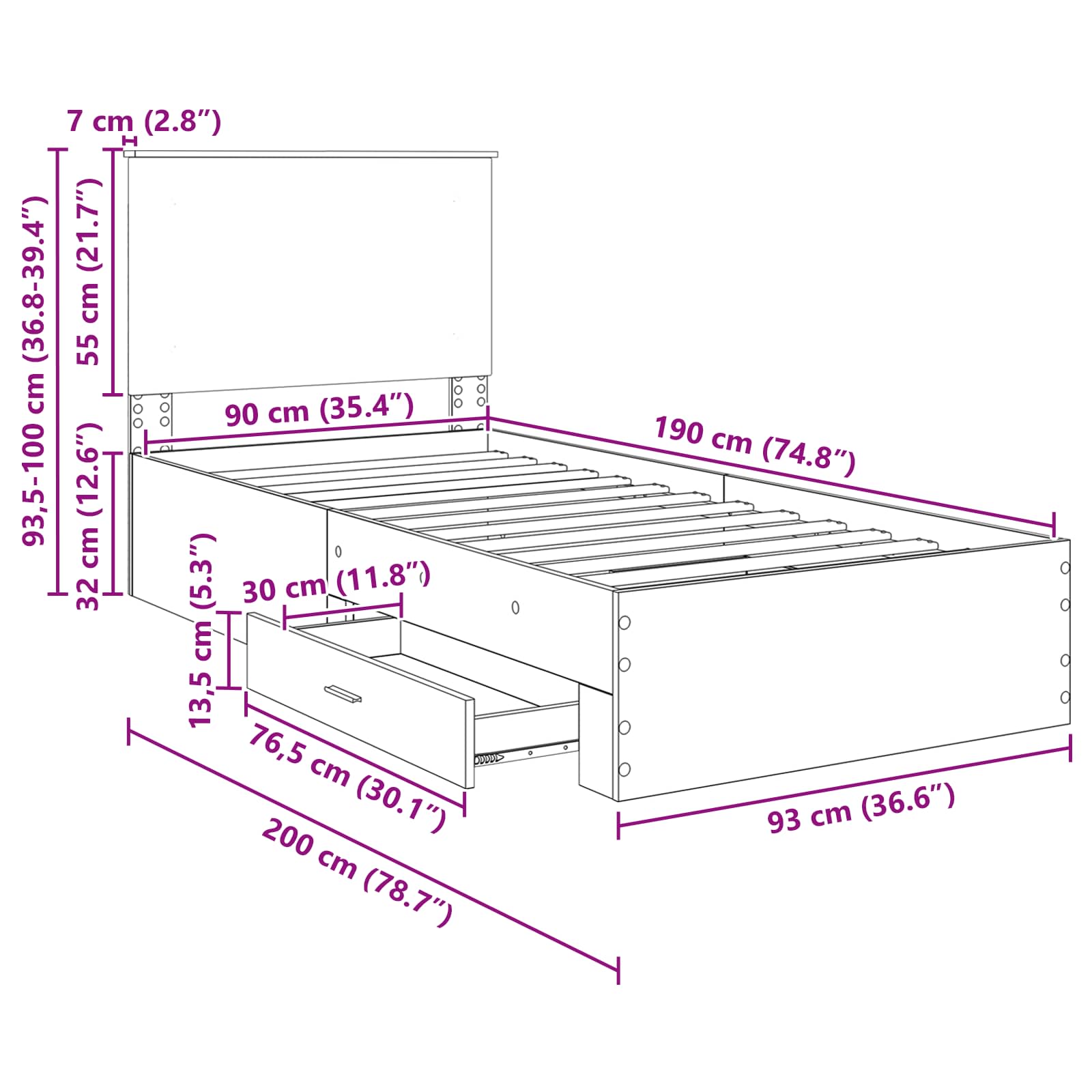 Bedframe met hoofdeinde Beton Grijs 90 x 190 cm Bewerkt hout