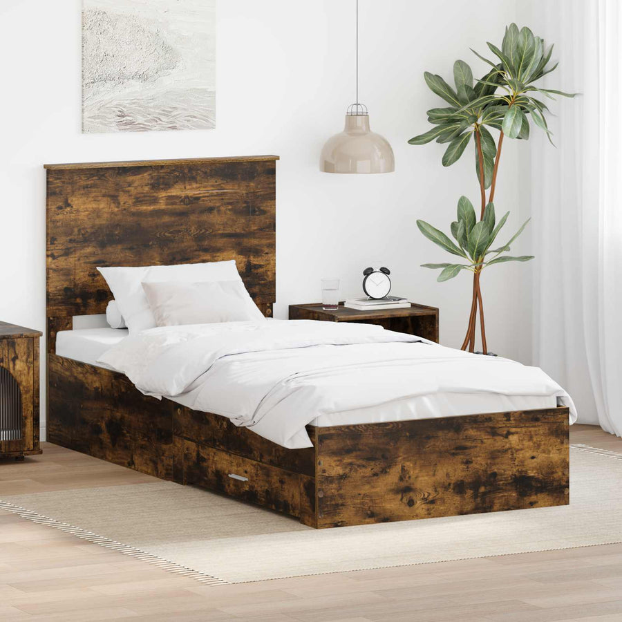 Bedframe met hoofdeinde Gerookt eiken 90 x 190 cm Bewerkt hout