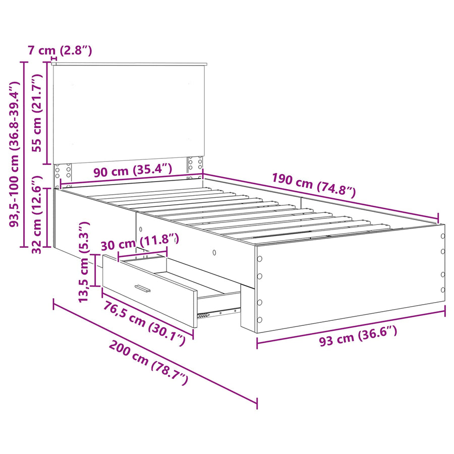 Bedframe met hoofdeinde Oudhout 90 x 190 cm Bewerkt hout