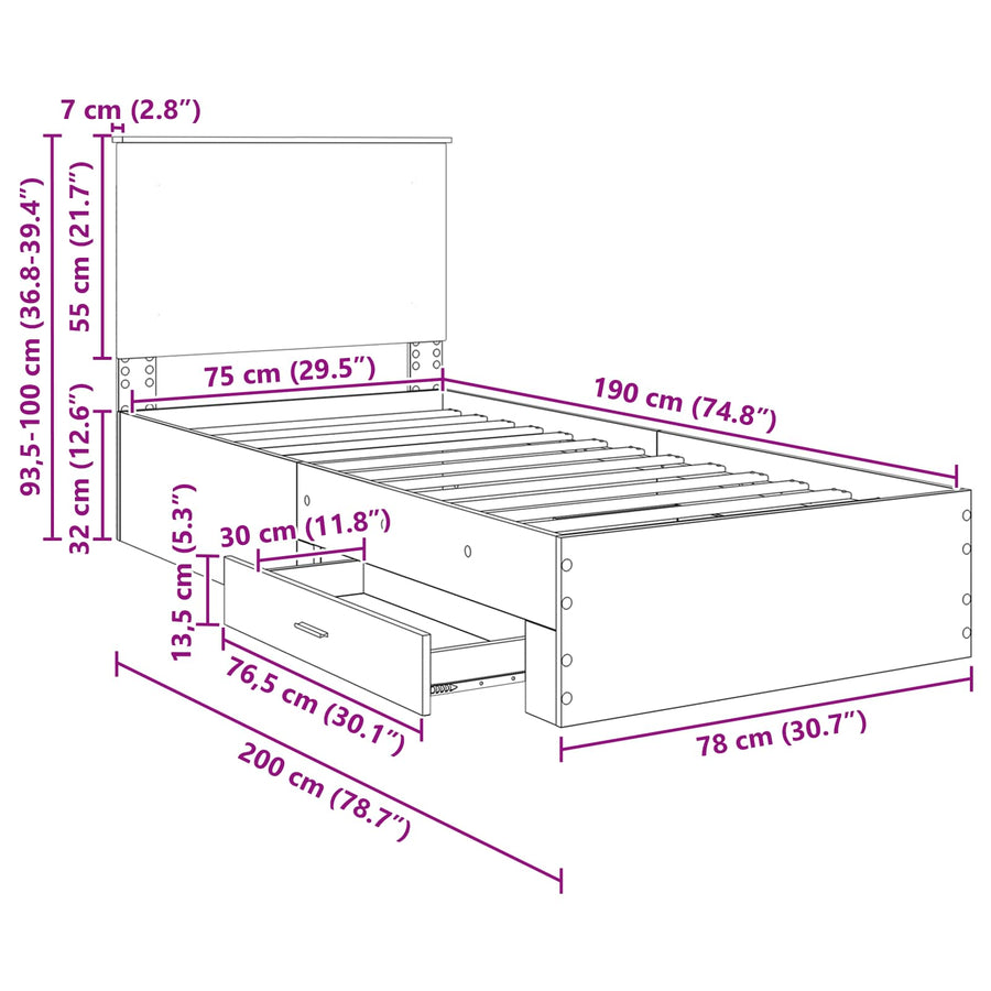 Bedframe Gerookt Eiken en Zilver 75 x 190 cm Bewerkt hout