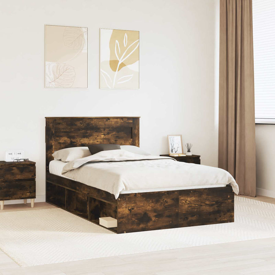 Bedframe met lade Gerookt eiken 135 x 190 cm Massief grenenhout