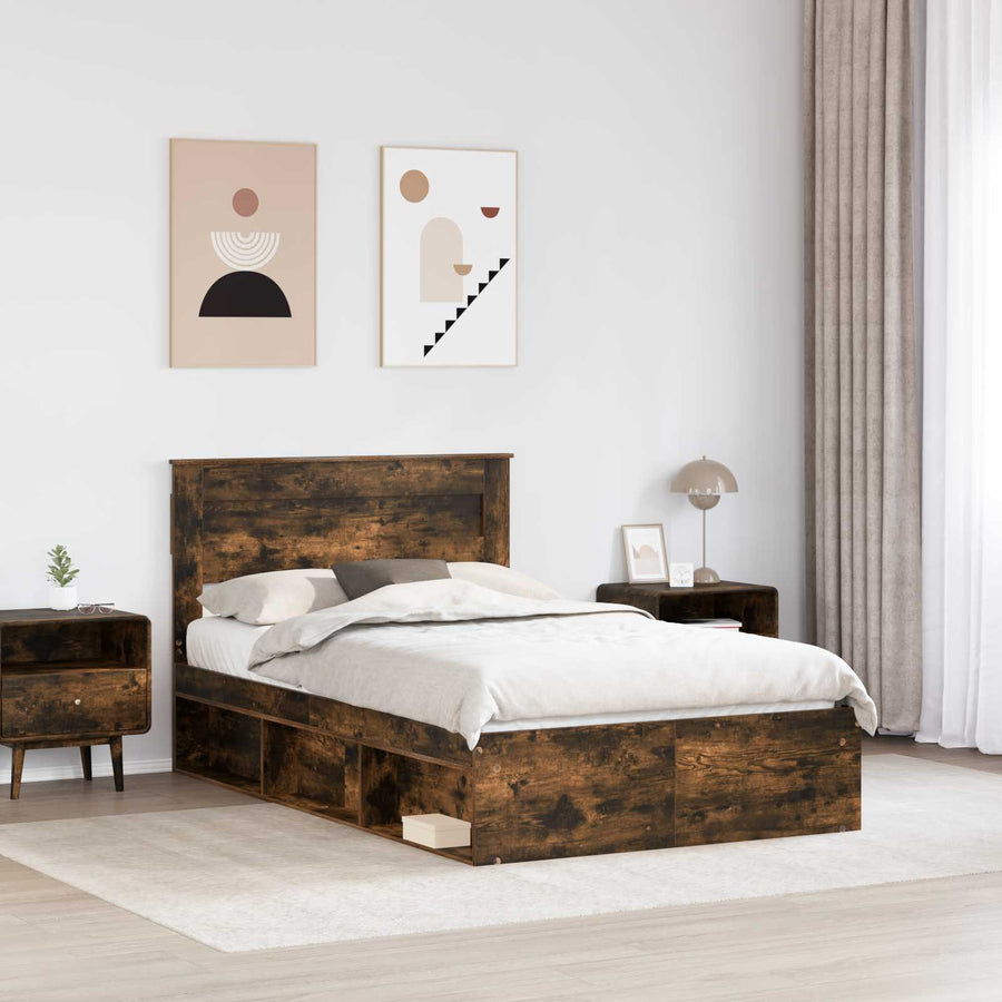 Bedframe met lade Gerookt eiken 120 x 190 cm Massief grenenhout