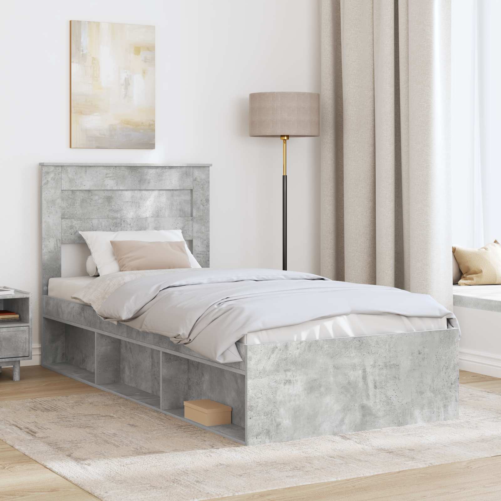 Bedframe Met Hoofdeinde Beton Massief Grenenhout Betongrijs 90 x 200 cm